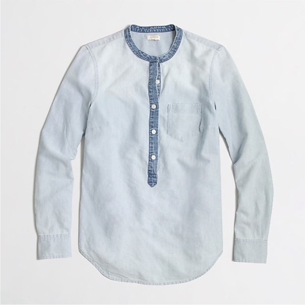 J. CREW Contrast Band Oxford Chambray Popover L/S Shirt Size 12 | EUC